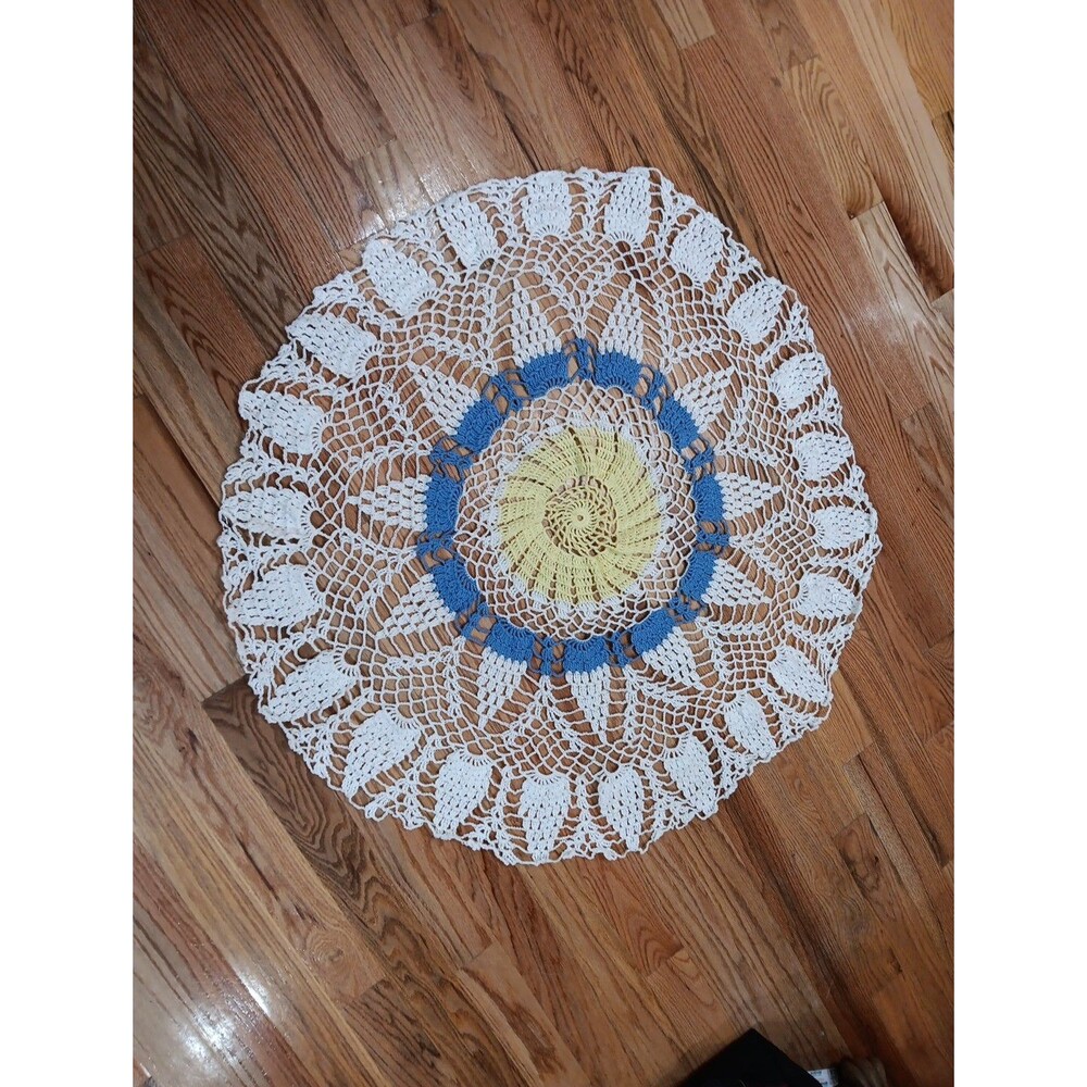 Crochet Tablecloth Blue White Yellow Design Handmade Topper - 42"‎